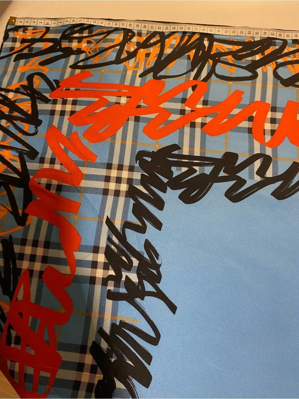 Burberry Blue and Orange Plaid Silk Scarf with Black Accents